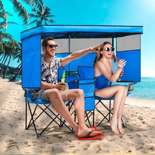 Double Camping Chair With Canopy Shade Beach Chairs With Cup Holder Heavy Duty Folding for Outside Lawn Patio Chaise De Plage - Image 5
