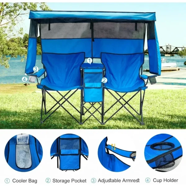 Double Camping Chair With Canopy Shade Beach Chairs With Cup Holder Heavy Duty Folding for Outside Lawn Patio Chaise De Plage - Image 4