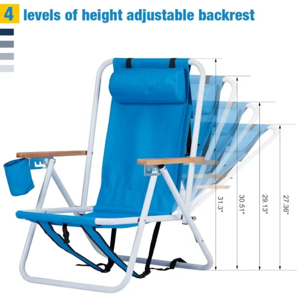 Folding Beach Chair with Adjustable Headrest, 4 Flexible Tilt Angles, Cup Holder, Portable High Strength Cleanable Fabric - Image 3