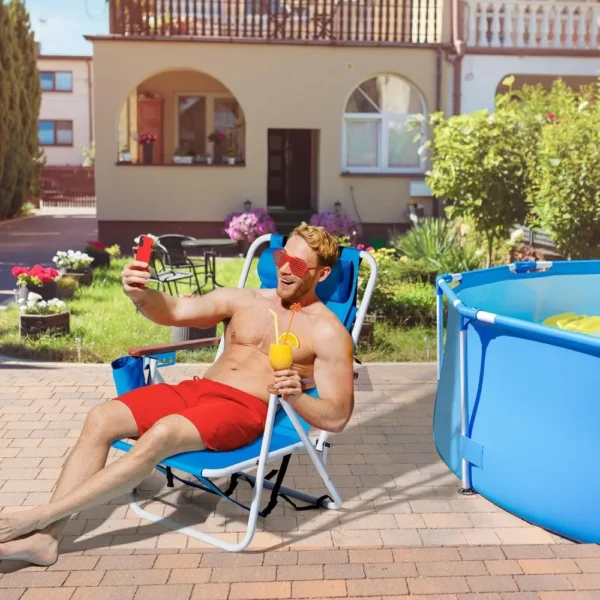 Folding Beach Chair with Adjustable Headrest, 4 Flexible Tilt Angles, Cup Holder, Portable High Strength Cleanable Fabric - Image 2