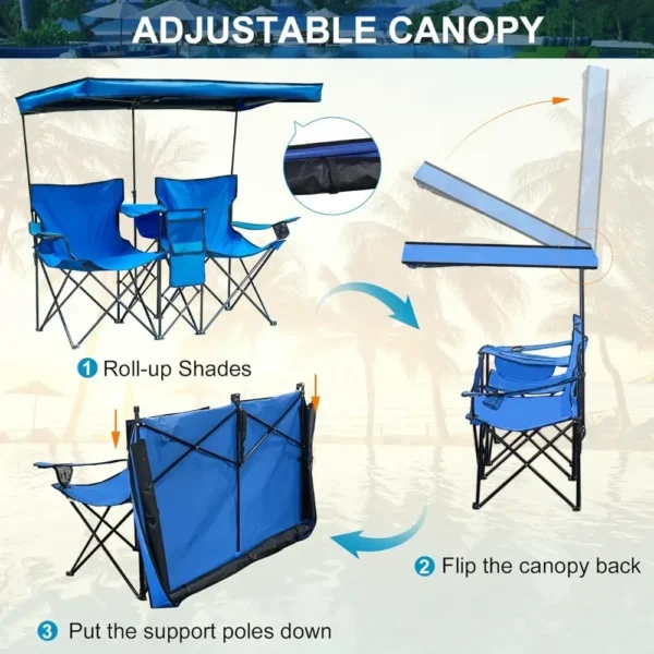 Double Camping Chair With Canopy Shade Beach Chairs With Cup Holder Heavy Duty Folding for Outside Lawn Patio Chaise De Plage - Image 3
