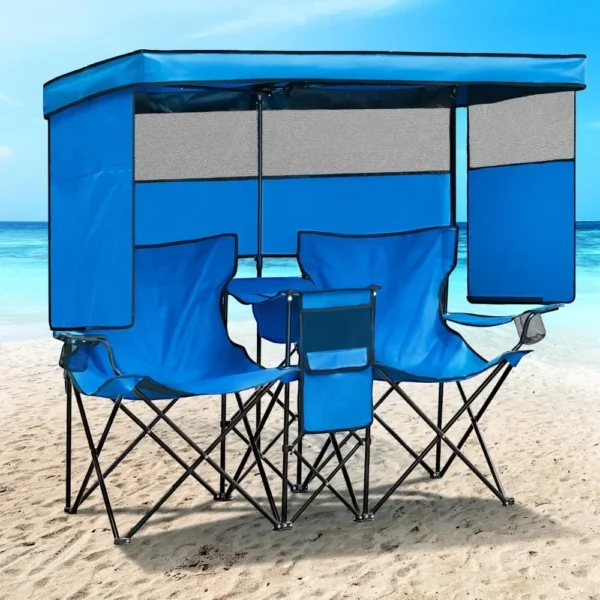Double Camping Chair With Canopy Shade Beach Chairs With Cup Holder Heavy Duty Folding for Outside Lawn Patio Chaise De Plage