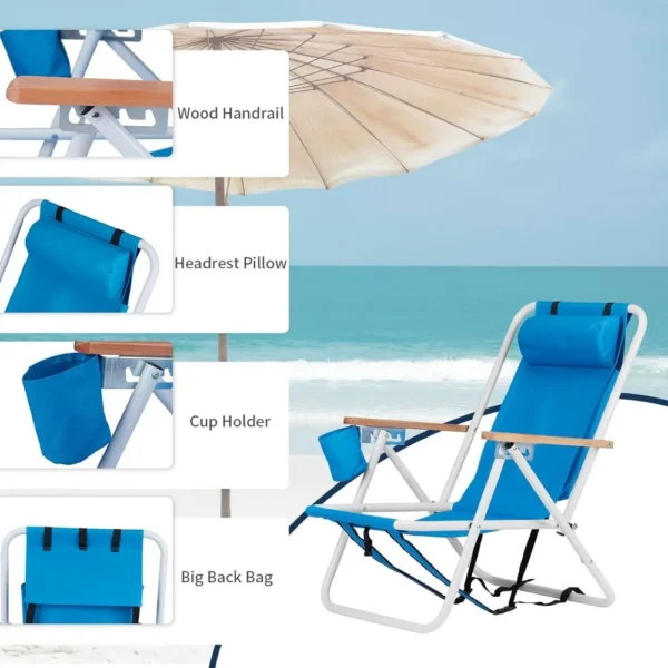 Folding Beach Chair with Adjustable Headrest, 4 Flexible Tilt Angles, Cup Holder, Portable High Strength Cleanable Fabric - Image 4