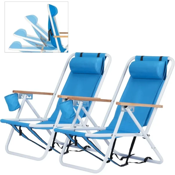Folding Beach Chair with Adjustable Headrest, 4 Flexible Tilt Angles, Cup Holder, Portable High Strength Cleanable Fabric