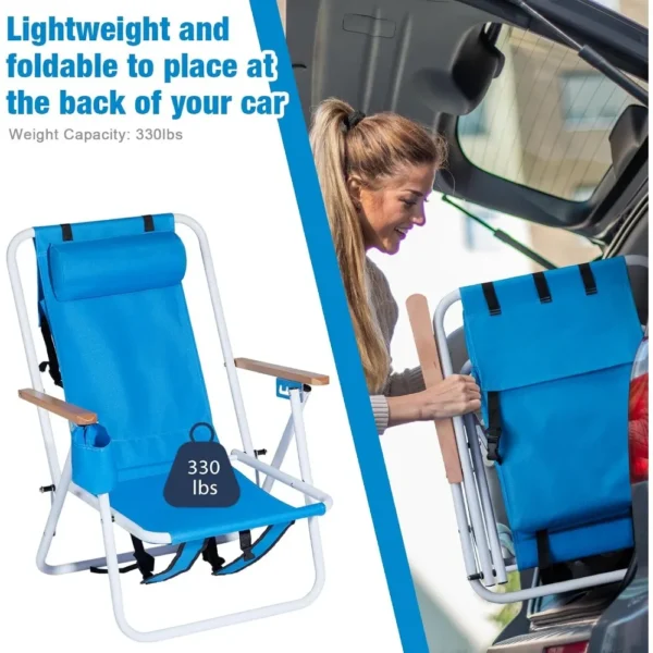 Folding Beach Chair with Adjustable Headrest, 4 Flexible Tilt Angles, Cup Holder, Portable High Strength Cleanable Fabric - Image 5