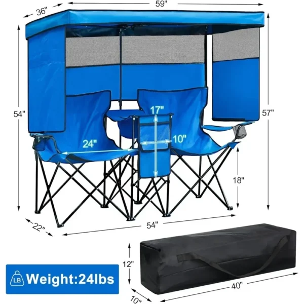 Double Camping Chair With Canopy Shade Beach Chairs With Cup Holder Heavy Duty Folding for Outside Lawn Patio Chaise De Plage - Image 6